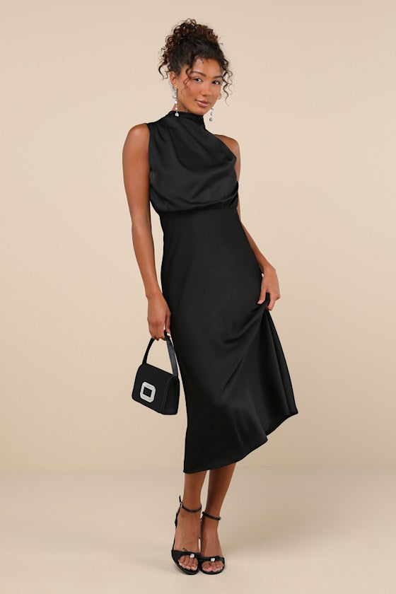 Distinctive Charm Navy Satin Asymmetrical Midi Dress