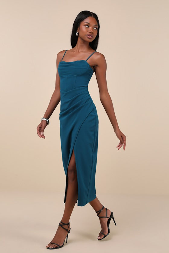 Always Turning Heads Magenta Bustier Tulip Midi Dress