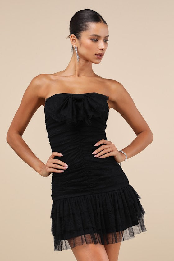 Picture-Perfect Persona Purple Mesh Bow Ruched Mini Dress