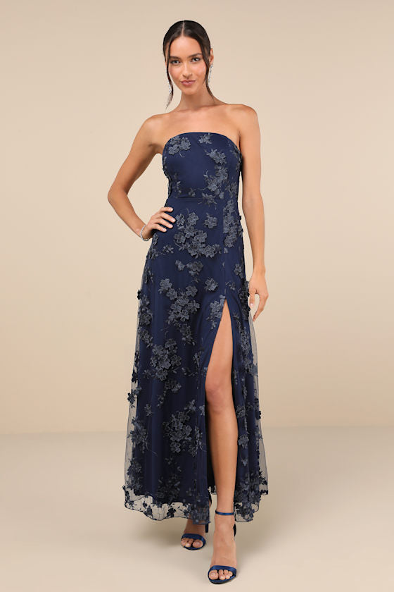 Rare Presence Powder Blue 3D Floral Embroidered Maxi Dress