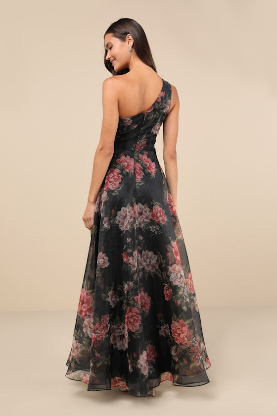 Truly Extraordinary Black Floral Organza One-Shoulder Maxi Dress