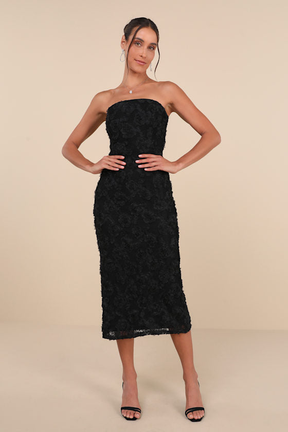 Flawless Perfection Blue Floral Applique Strapless Midi Dress