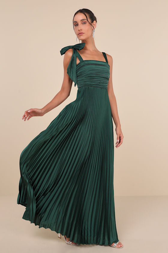 Gorgeous Purpose Pink Satin Pleated Sleeveless Bow Maxi Dress
