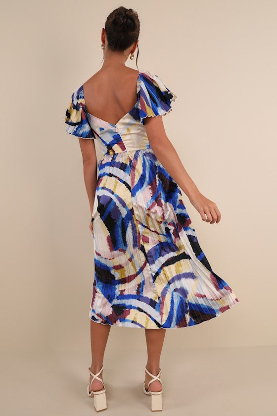 Authentically Yours Yellow Multi Abstract Print Satin Midi Dress
