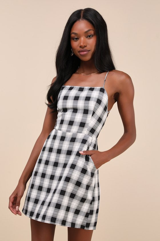 Sweetest Memory Black Plaid Lace-Up Mini Dress With Pockets