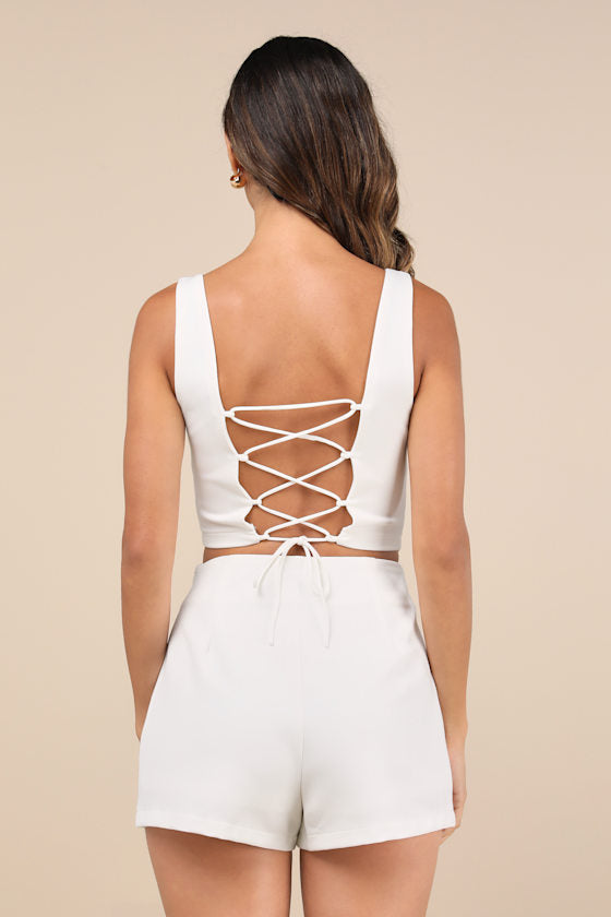 Exceptionally Styled Chartreuse Lace-Up Two-Piece Skort Romper
