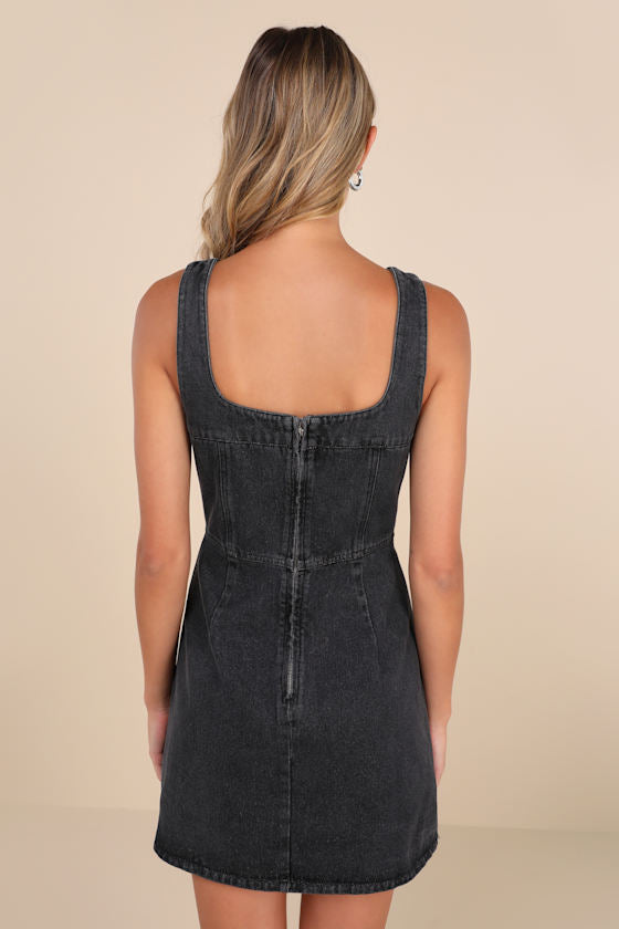 So Delighted Medium Wash Denim Corset Seam Mini Dress
