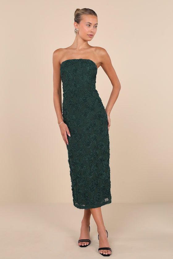 Flawless Perfection Blue Floral Applique Strapless Midi Dress