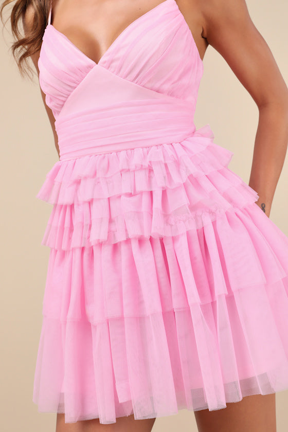 Special Poise Yellow Tulle Pleated Sleeveless Tiered Mini Dress