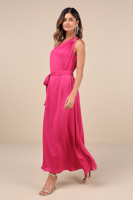 Goddess Aura Orange Multi Floral Satin One-Shoulder Maxi Dress
