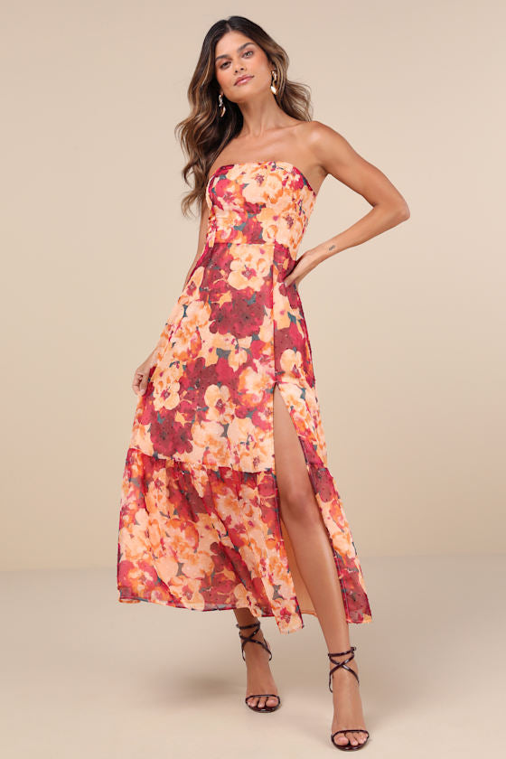 Bright Perspective Teal Floral Strapless Midi Dress