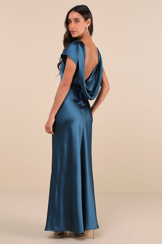 Captivating Presence Wine Red Satin Cowl Back Maxi Dress