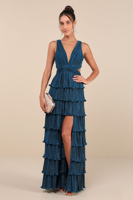 Beauty Icon Lavender Satin Pleated Tiered Lace-Up Maxi Dress