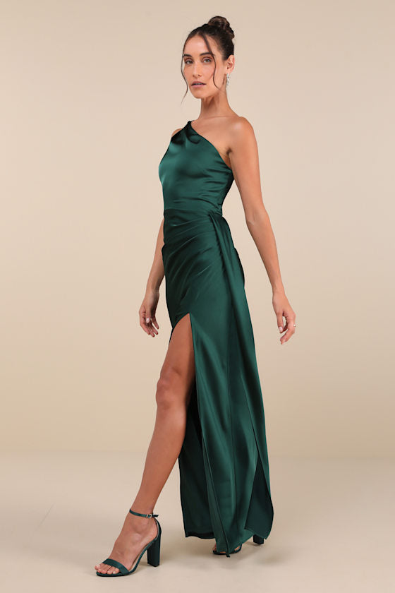 Signature Elegance Plum Purple Satin One-Shoulder Maxi Dress