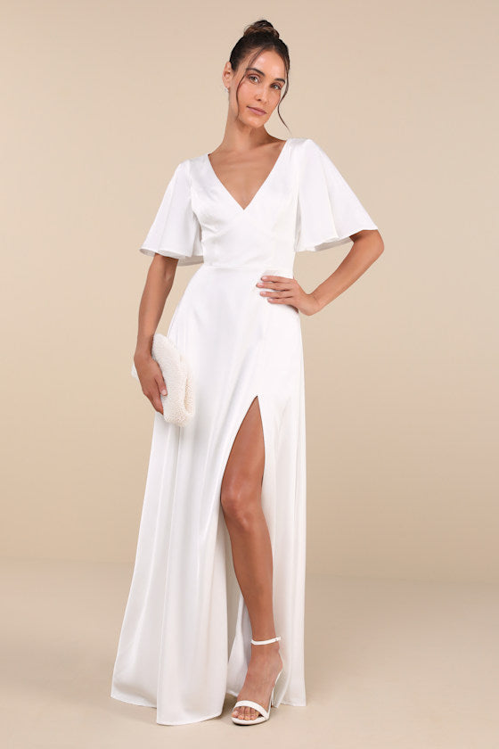 Elegant Confidence Teal Satin Flutter Sleeve Cutout Maxi Dress