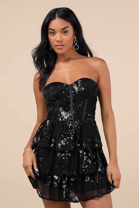 Definite Glamour Emerald Mesh Sequin Bustier Tiered Mini Dress