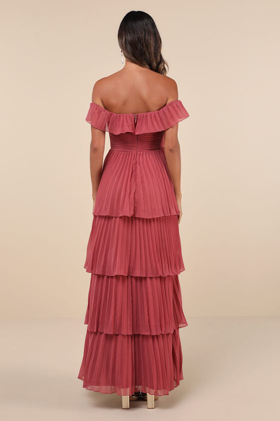 Always Remarkable Pink Pleated Off-the-Shoulder Maxi Dress