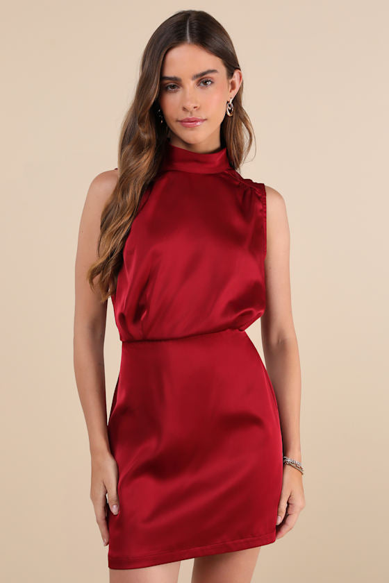 Classic Elegance White Satin Sleeveless Mock Neck Mini Dress