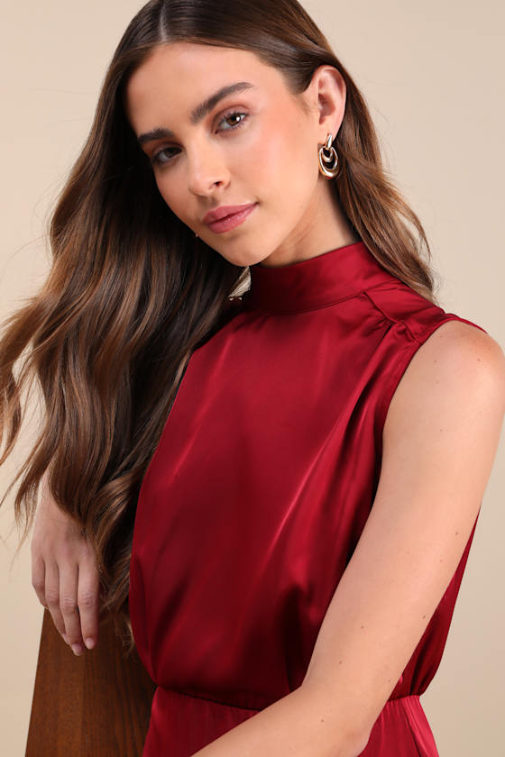 Classic Elegance White Satin Sleeveless Mock Neck Mini Dress