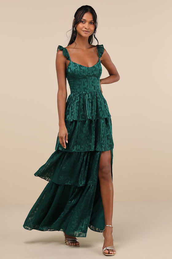 Stunning Glory Sage Green Floral Jacquard Tiered Maxi Dress
