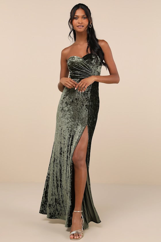Classy Sensation Slate Velvet Pleated Strapless Maxi Dress