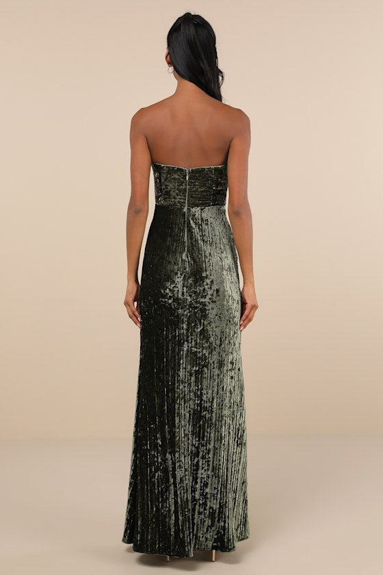 Classy Sensation Slate Velvet Pleated Strapless Maxi Dress