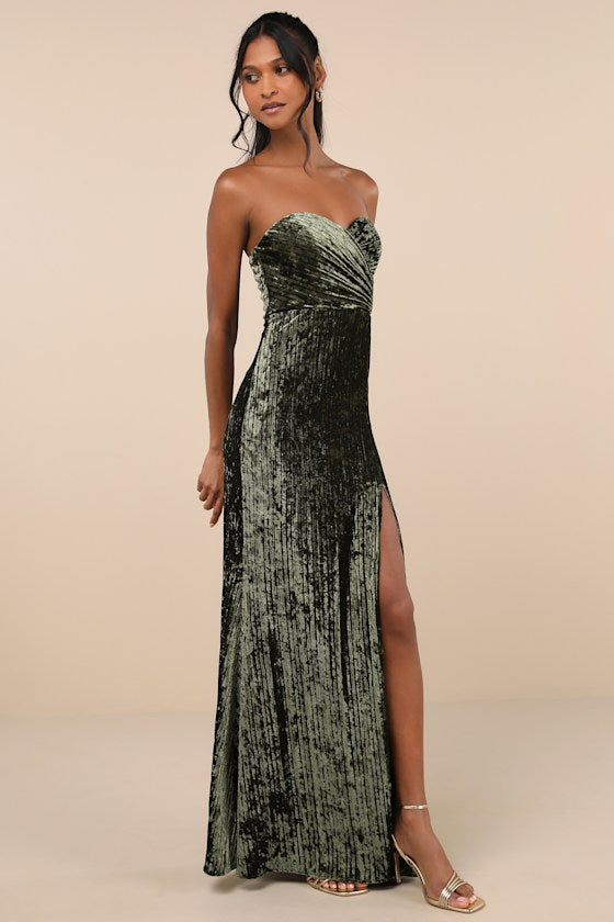 Classy Sensation Slate Velvet Pleated Strapless Maxi Dress
