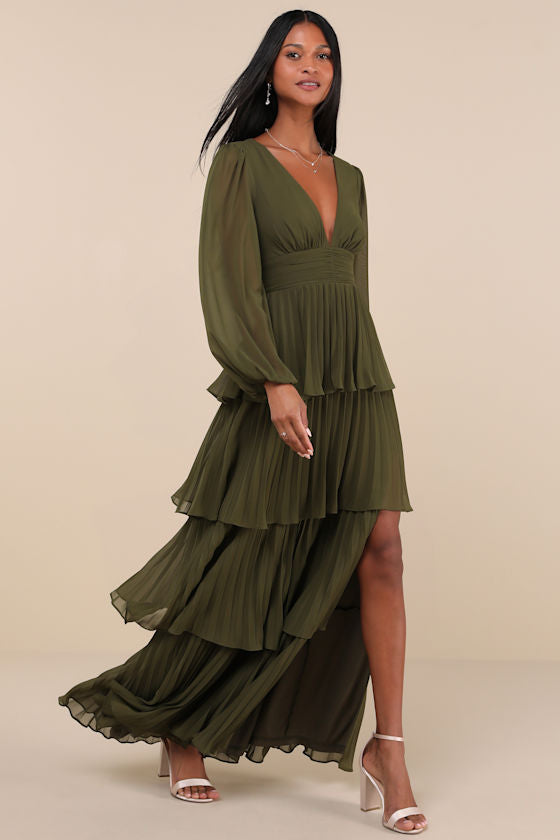 Graceful Finesse Dusty Rose Pleated Long Sleeve Maxi Dress