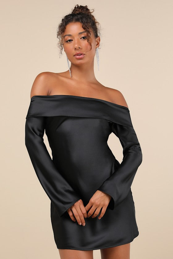 Luxurious Vision Olive Green Satin Off-the-Shoulder Mini Dress