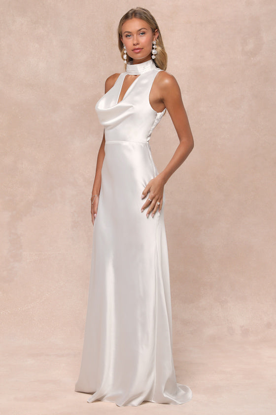 Gorgeous Vow White Satin Mock Neck Cowl Mermaid Maxi Dress