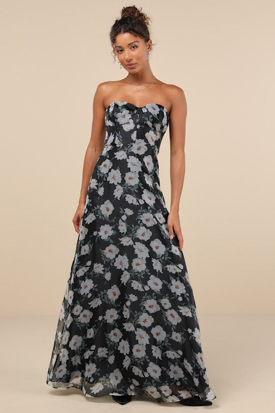 Chic Preciousness Light Blue Floral Organza Bustier Maxi Dress