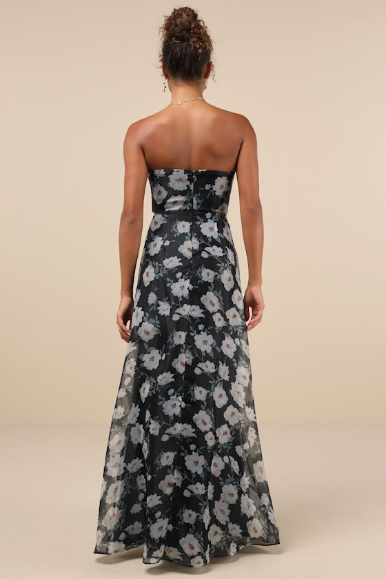 Chic Preciousness Light Blue Floral Organza Bustier Maxi Dress