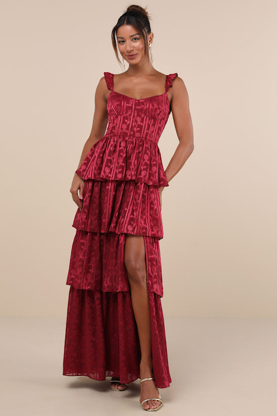 Stunning Glory Sage Green Floral Jacquard Tiered Maxi Dress