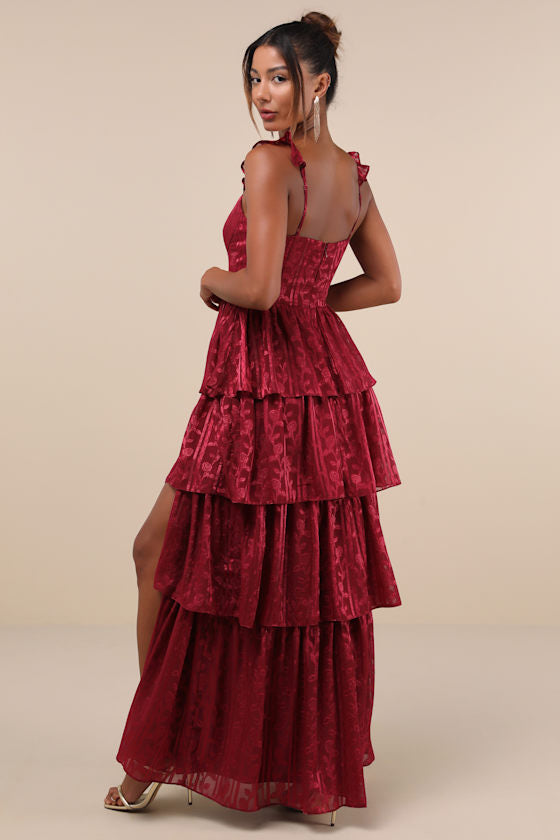 Stunning Glory Sage Green Floral Jacquard Tiered Maxi Dress