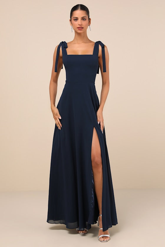 Love Me Forever Navy Blue Floral Square Neck Maxi Dress
