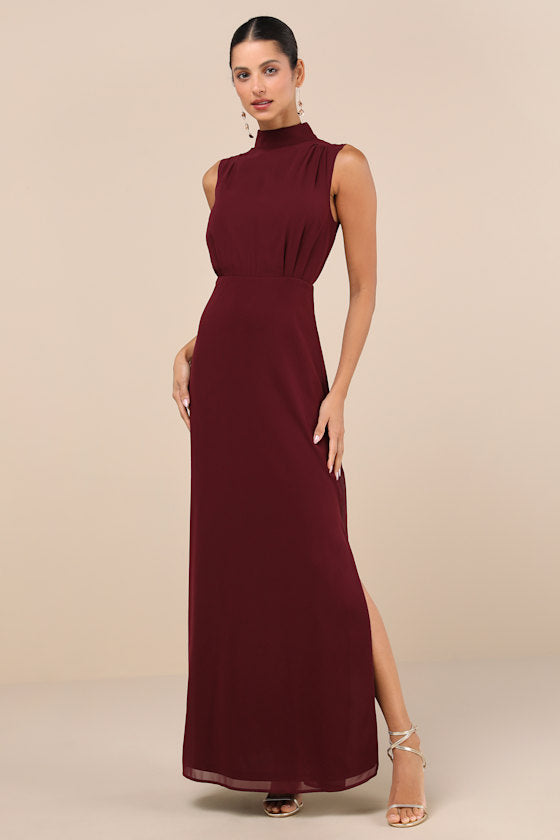 Classic Elegance Black Chiffon Sleeveless Mock Neck Maxi Dress