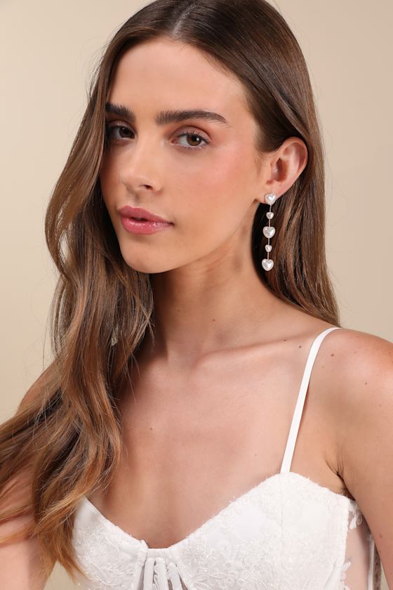 Endlessly Lovable Gold and White Pearl Heart Drop Earrings