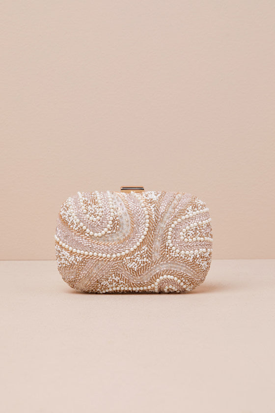 Upscale Idea Beige and Pink Beaded Pearl Hard-Sided Clutch