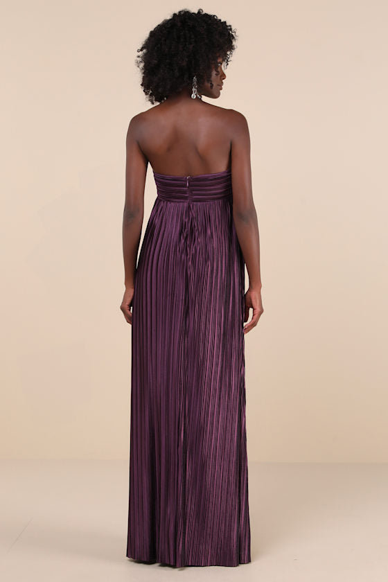 Whimsical Beauty Golden Yellow Satin Plisse Strapless Maxi Dress