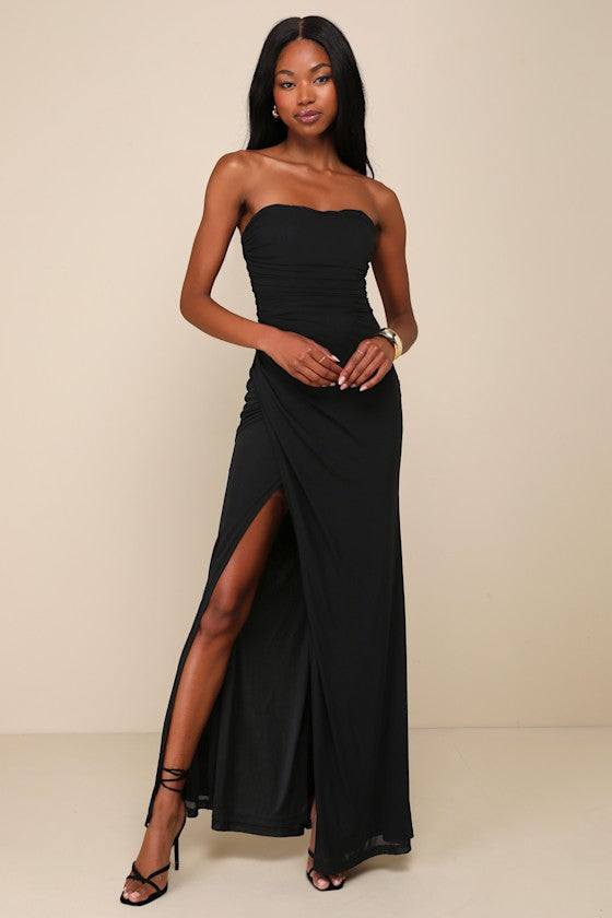 Epitome of Allure Purple Mesh Strapless Ruched Maxi Dress