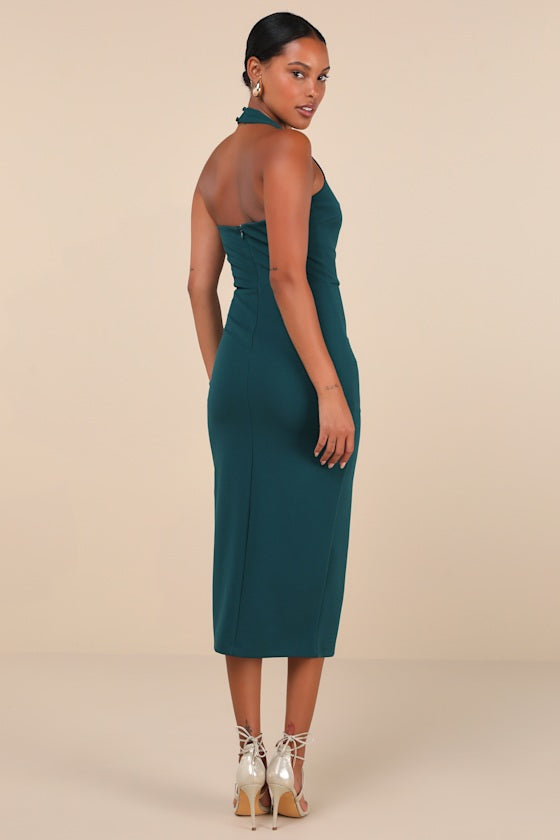 Prominent Charm Rust Brown Halter Bodycon Tulip Midi Dress