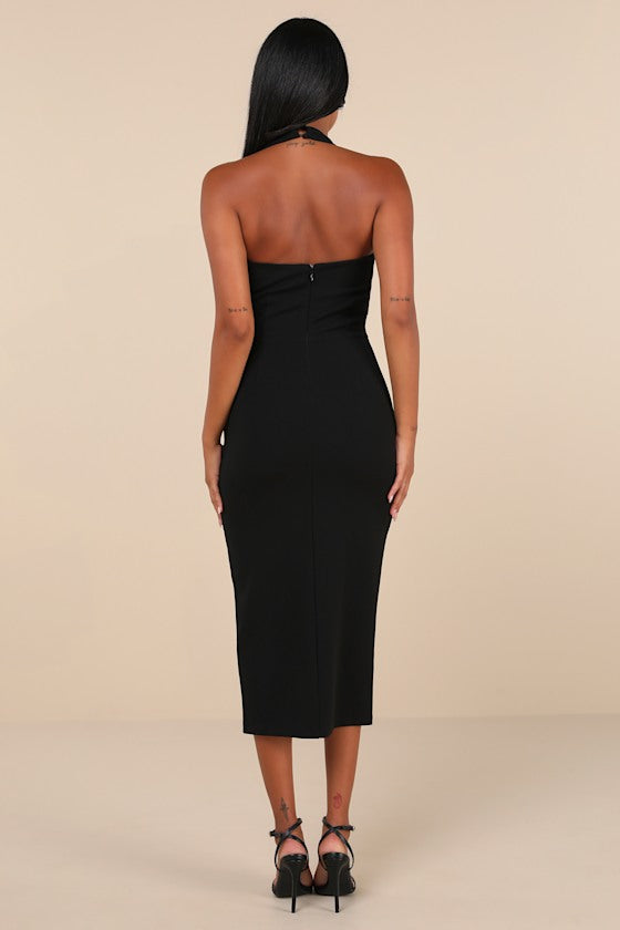 Prominent Charm Emerald Halter Bodycon Tulip Midi Dress