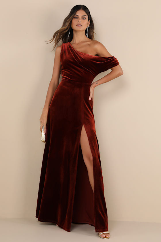 Coveted Confidence Brown Velvet Asymmetrical Maxi Dress