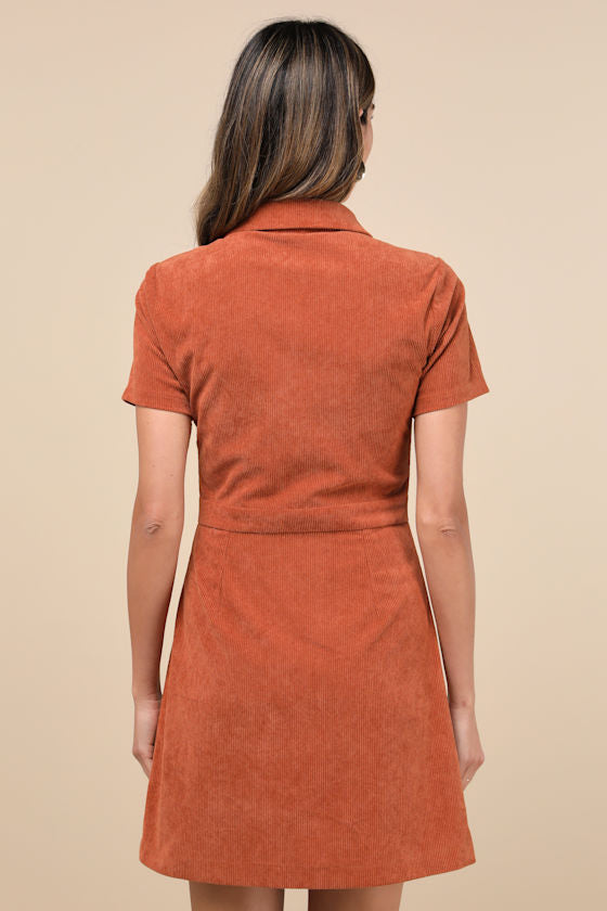 Go-Getter Girl Brown Corduroy Mini Dress With Pockets