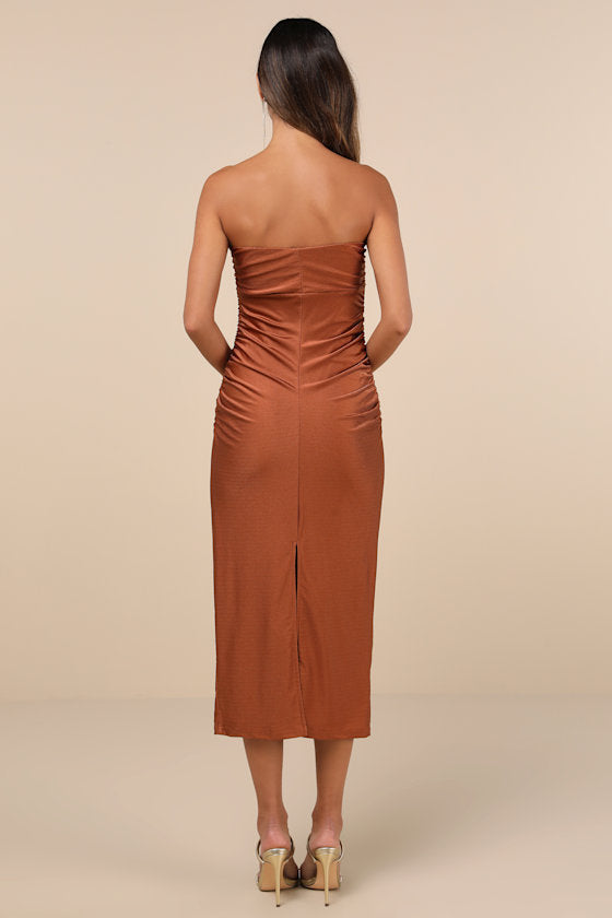 Gorgeous Reputation Dark Green Strapless Ruched Midi Dress