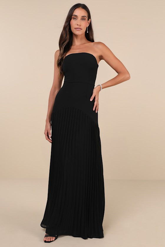 Celebratory Aesthetic Pink Floral Pleated Strapless Maxi Dress