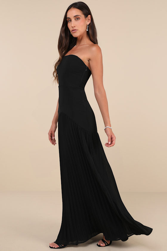 Celebratory Aesthetic Pink Floral Pleated Strapless Maxi Dress