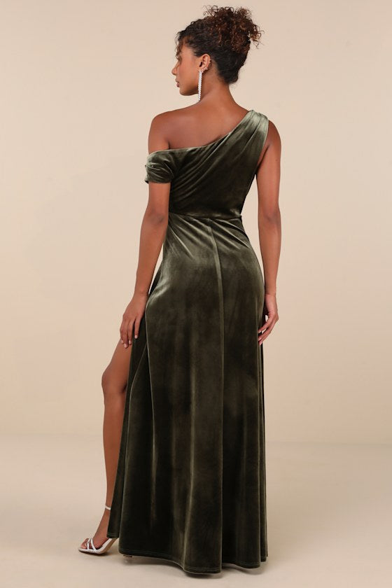 Coveted Confidence Brown Velvet Asymmetrical Maxi Dress