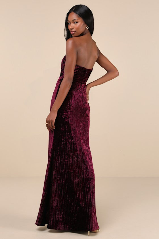Classy Sensation Slate Velvet Pleated Strapless Maxi Dress