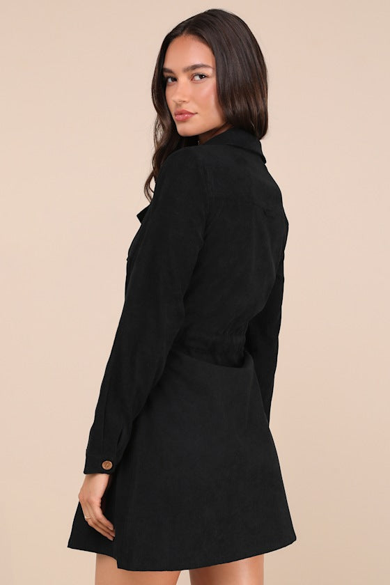 Simple Affection Black Corduroy Mini Dress With Pockets